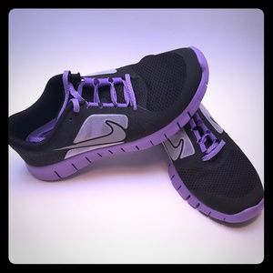 Nike Free Run 3 Black Purple Girl Sneakers Size 7Y